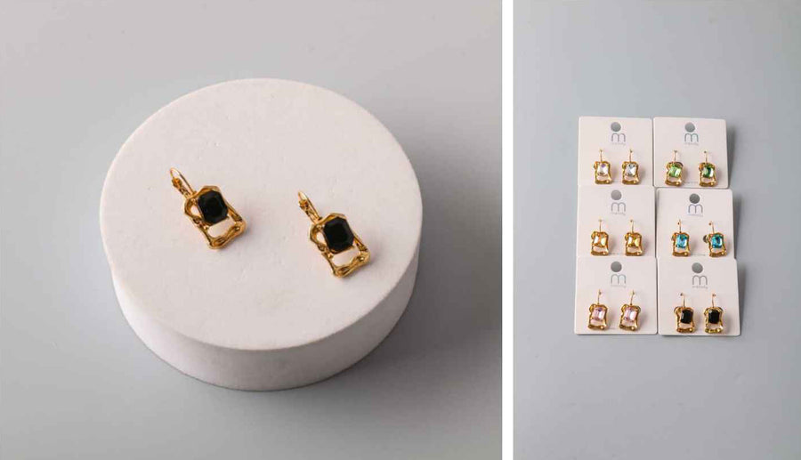 Gold Rectangle Earrings with Square Stone