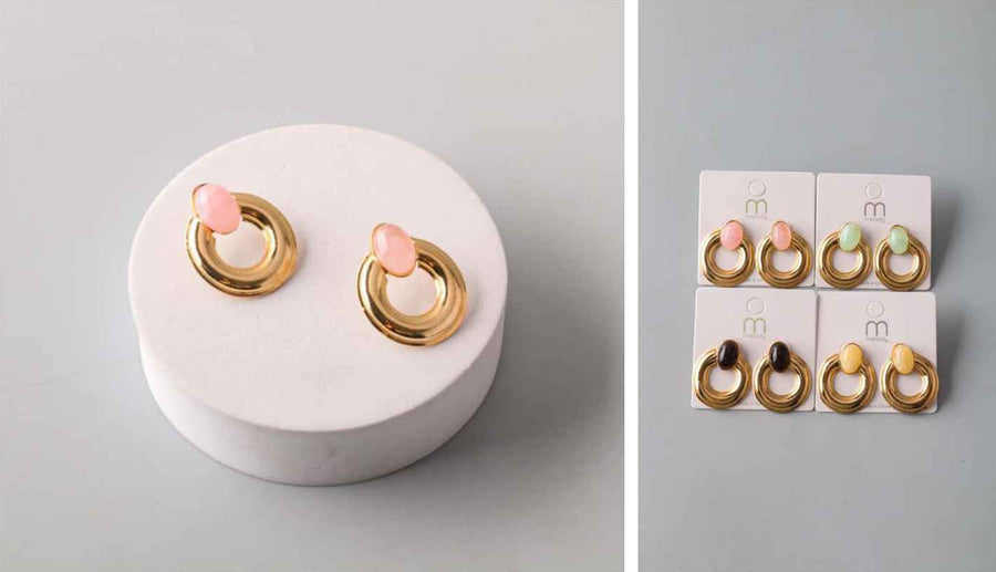 Gold Circle Earrings With Oval Stone