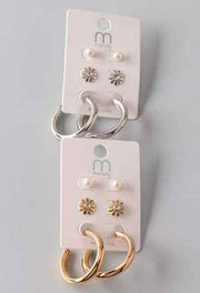 Hoop, Flower and Pearl Stud Earring Set
