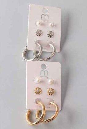 Hoop, Flower and Pearl Stud Earring Set