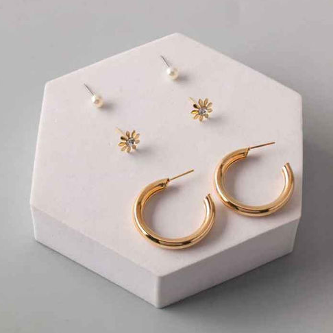Hoop, Flower and Pearl Stud Earring Set