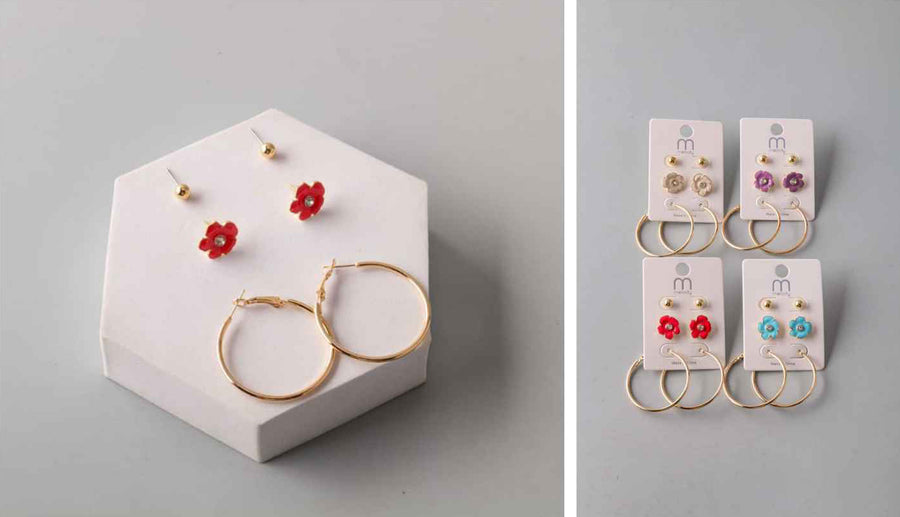 Gold Earrings - Stud and Hoop Flower Set