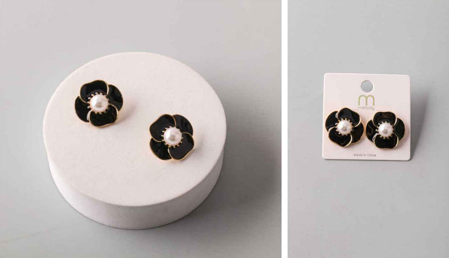 Black Flower Earrings with Pearl