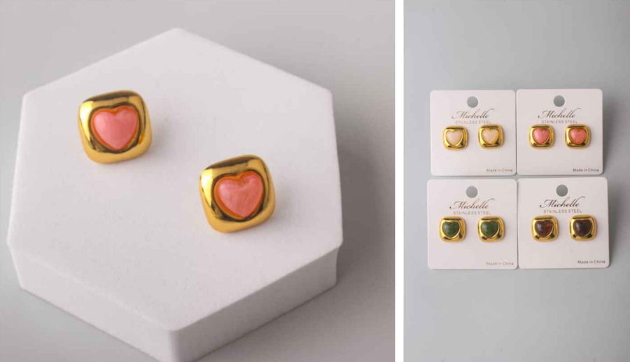 Stainless Steel Stone Heart Embedded Square Earring