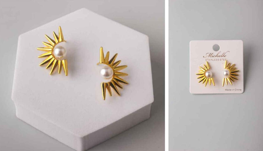 Pearl Cradled Split Spike Rays Earring