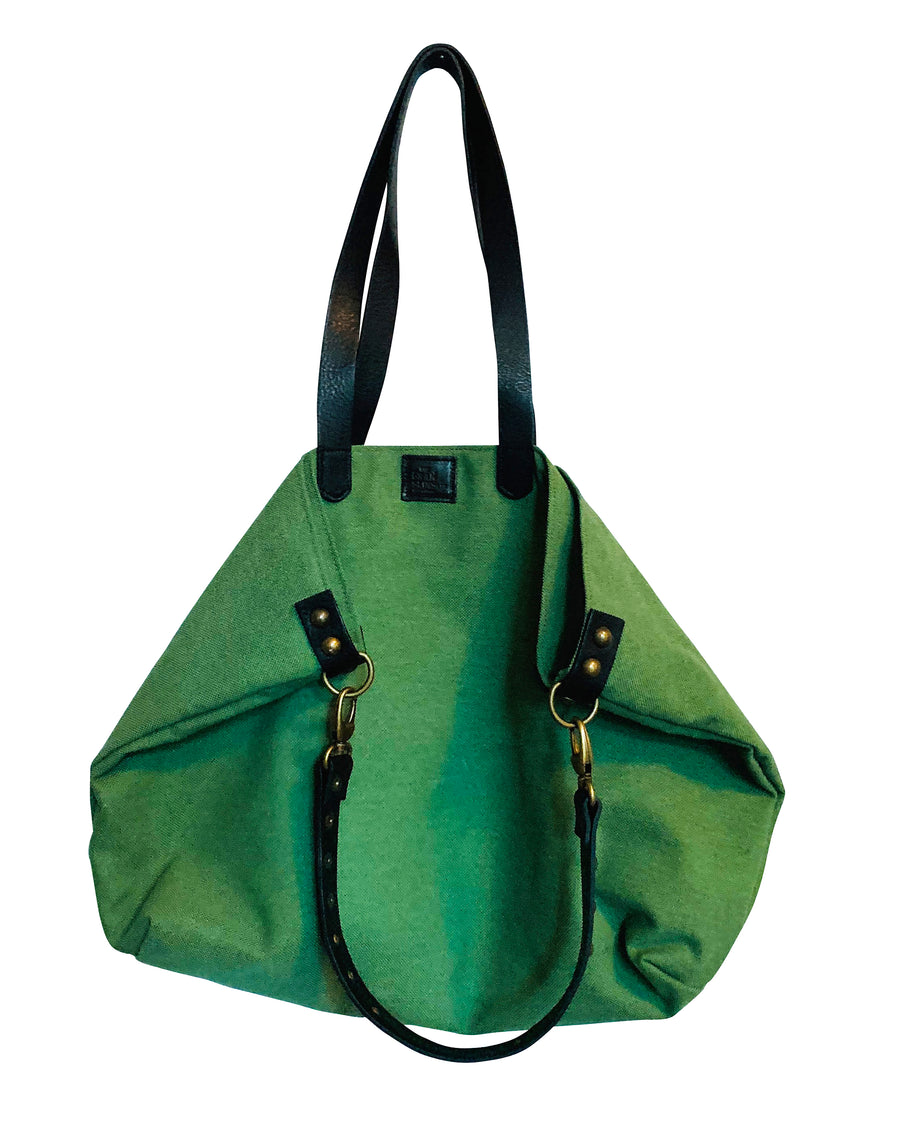 Leather and Cotton Green Canvas Tote