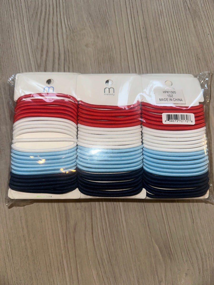 Hair Ties, Red-White-Blue, 24 bands per Card, 12 cards