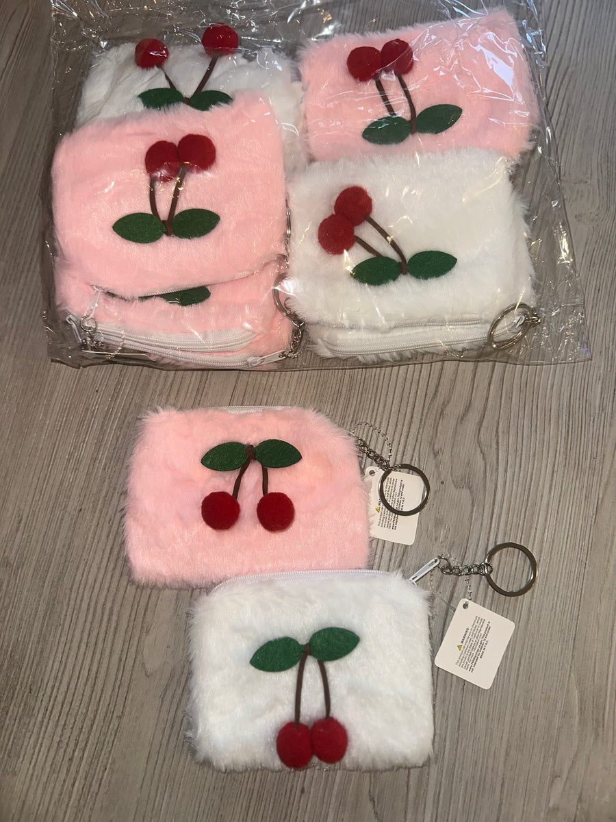 Furry Cherry Coin Purses, pink and white