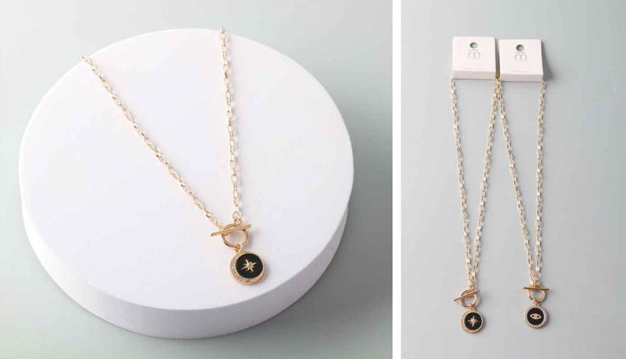 Moon and Black Compass Necklace