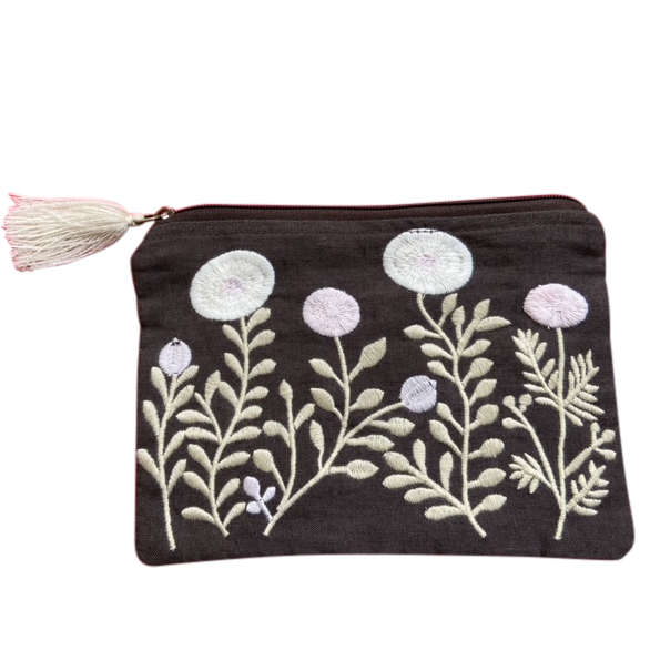 Embroidered Garden, Brown Cotton with Flowers