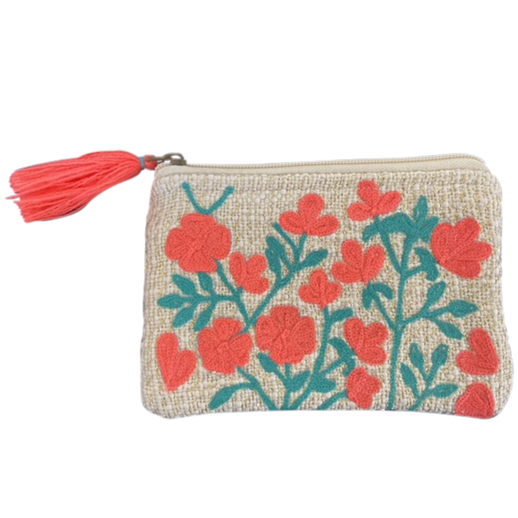 Red Embroidered Floral Coin Purse