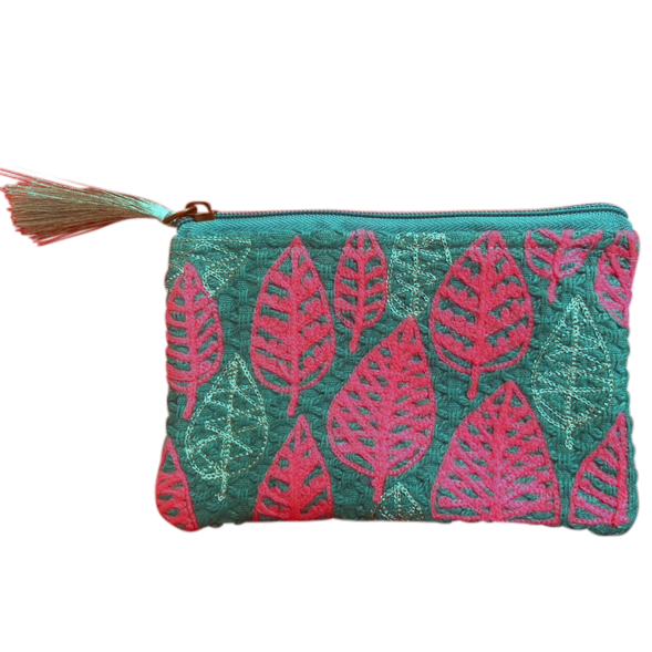 Hot Pink and Silver Leaves Turquoise Coin Purse