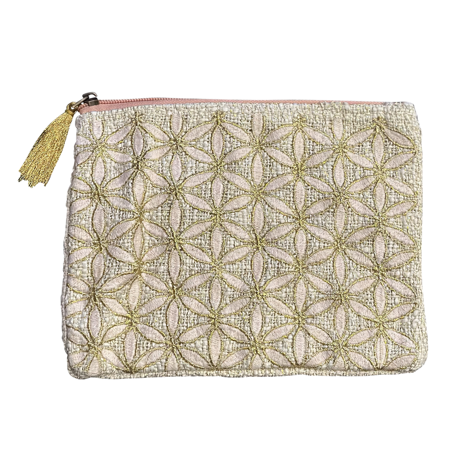 Pale Beige-Pink Gold Embroidered Flower Cotton Pouch Bag