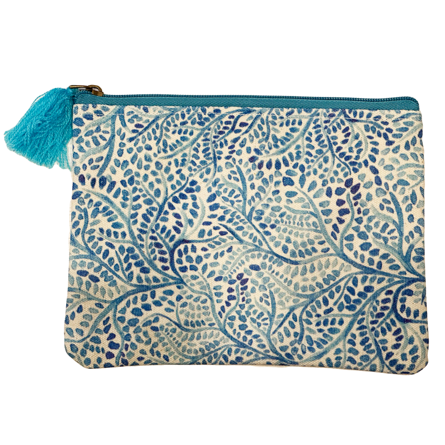 Blue Branches Leaves Indigo Cotton Pouch Bag