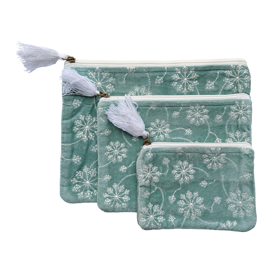Velvet White Flowers on Soft Gray Blue Velvet Pouch