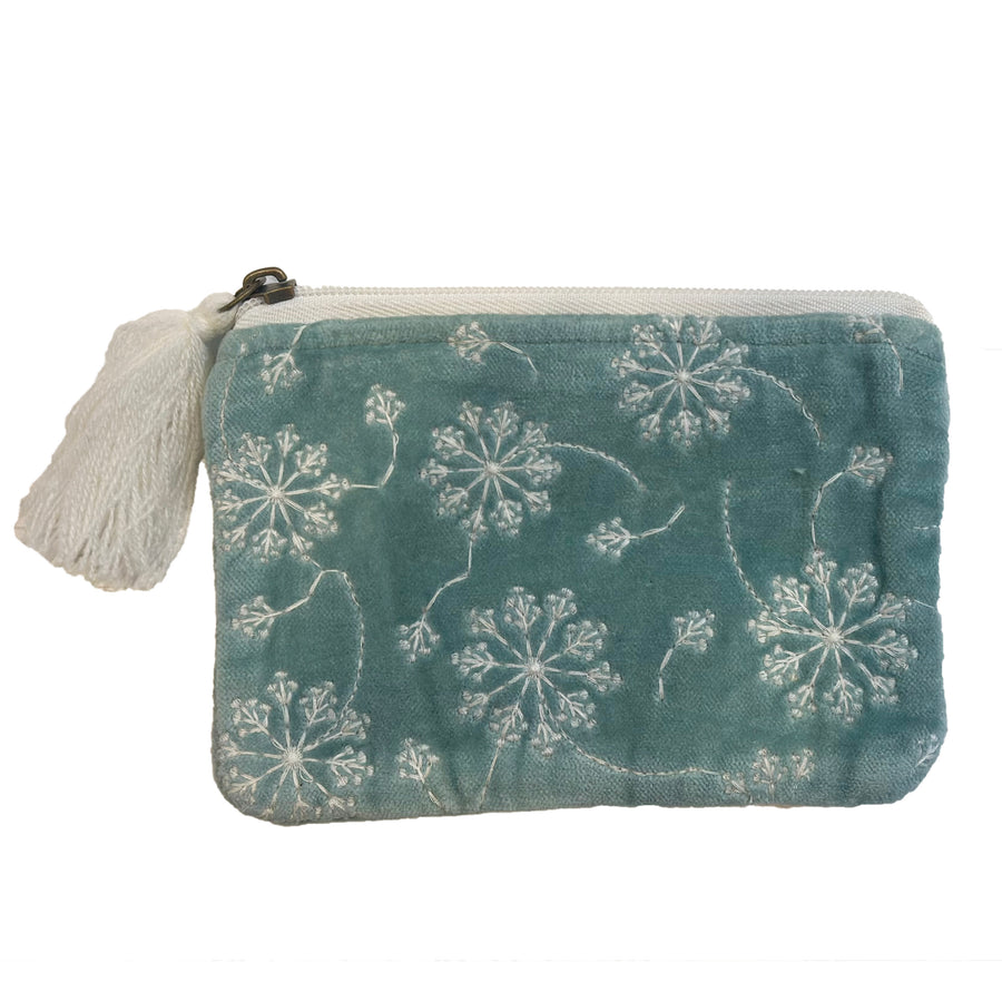 Velvet White Flowers on Soft Gray Blue Velvet Pouch