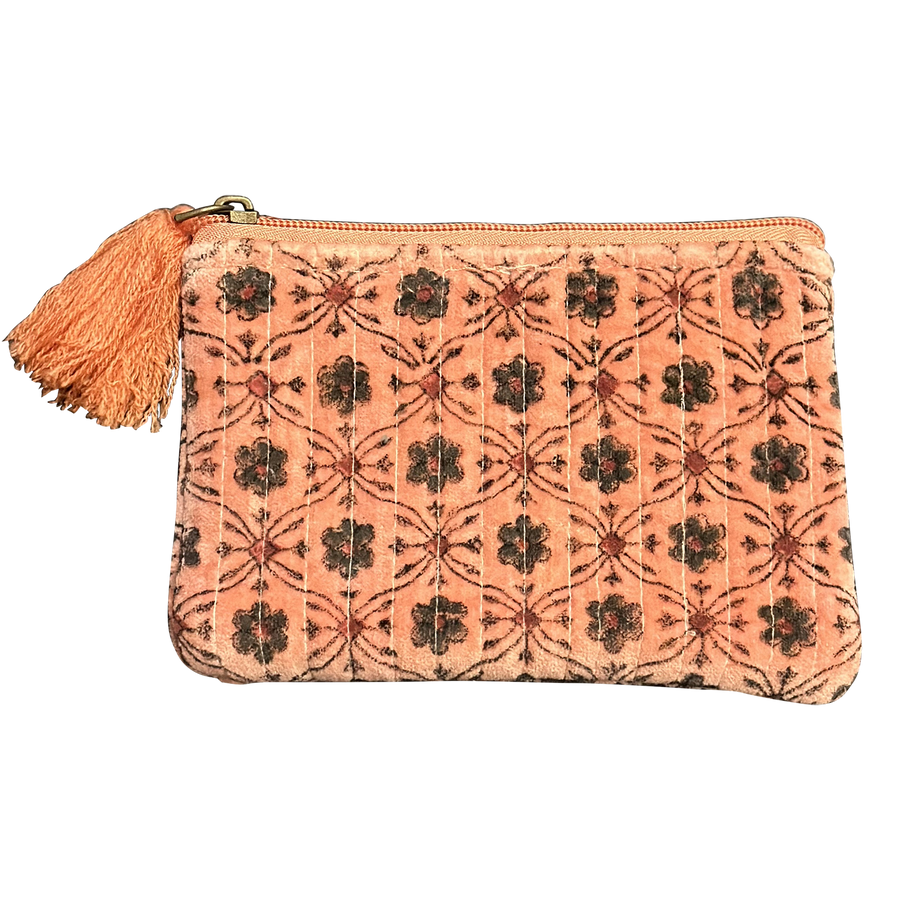 Coral Block-Printed Quilted Floral Pouches