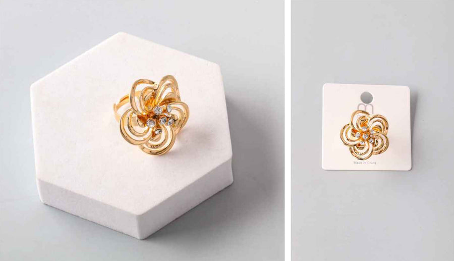 Gold Flower Ring with Rhinestones
