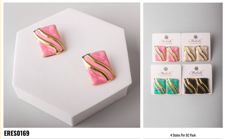 Stainless Enamel Waves Rectangle Button Earring