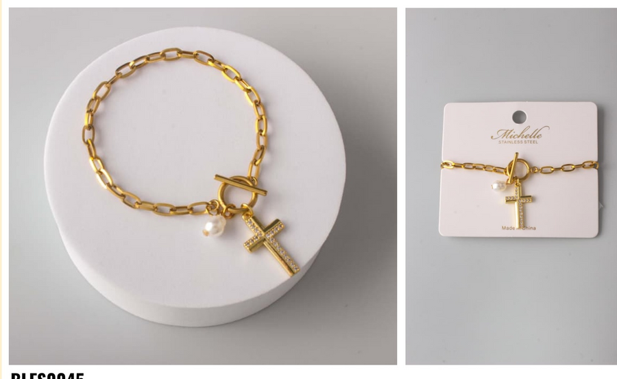 Stainless Steel Cross Pearl Chain Toggle Bracelet