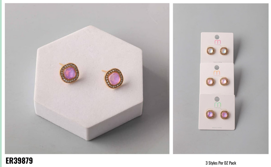 Opal Square Frame Button Earring
