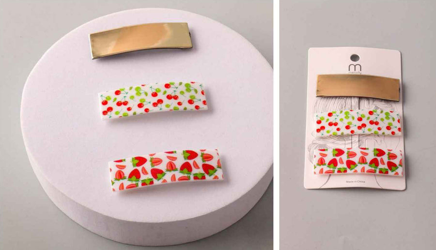 Strawberry Cherry and gold Hair Clips