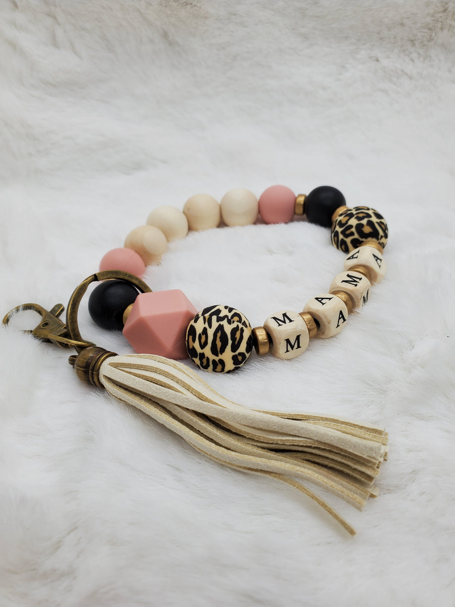 Mama Silicone & Wooden Bead Bracelet Keychain - RTS