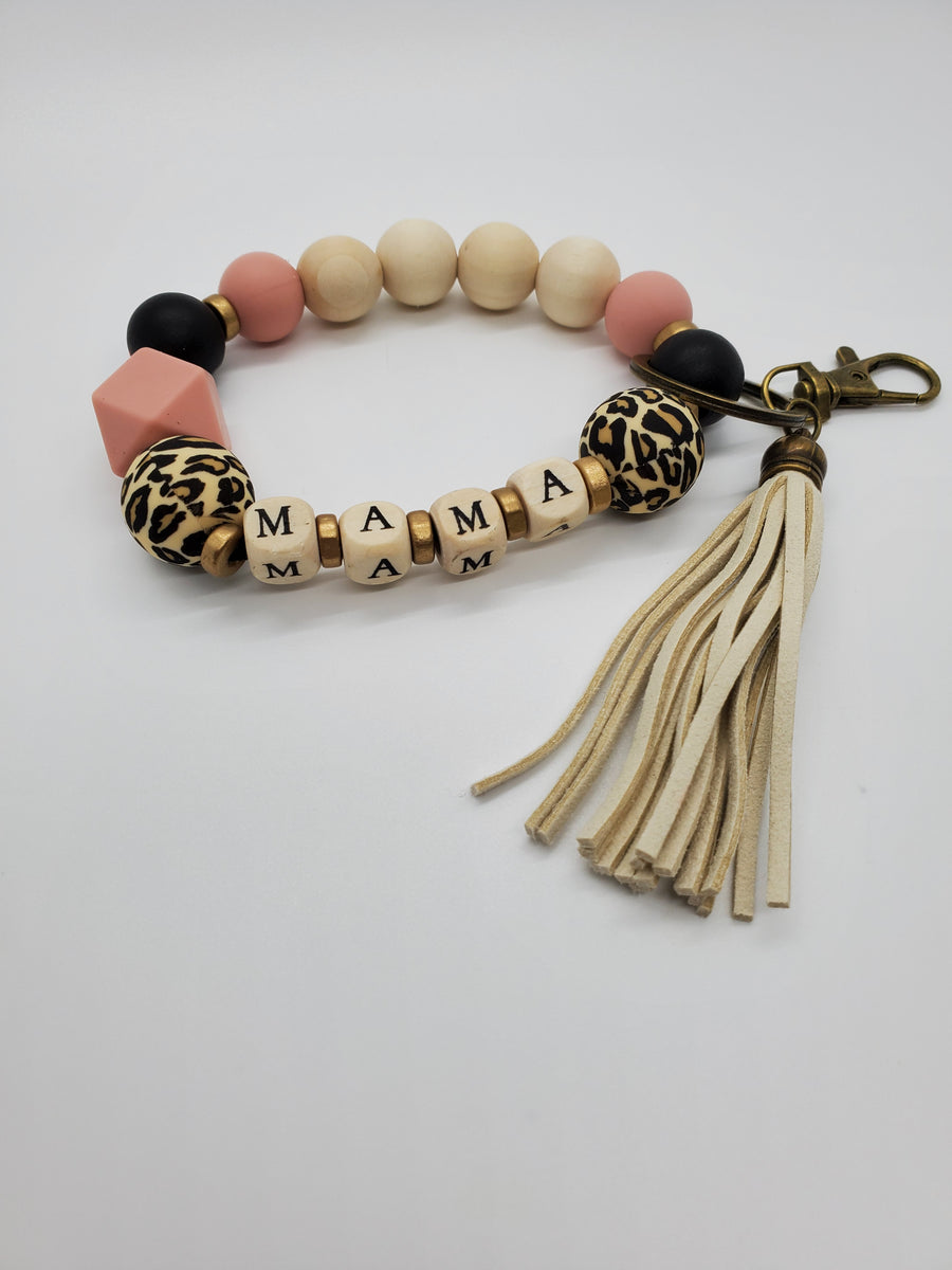 Mama Silicone & Wooden Bead Bracelet Keychain - RTS